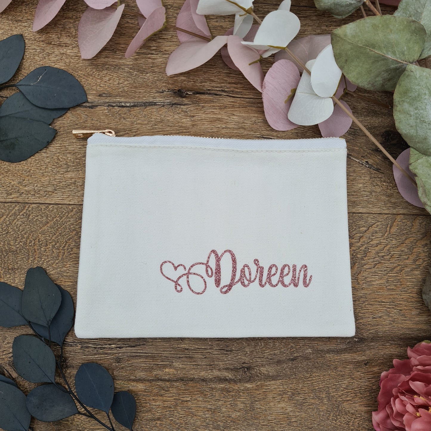 Pink Glitter Personalisation on White Eco-Friendly Cotton Cosmetic Make Up Bag