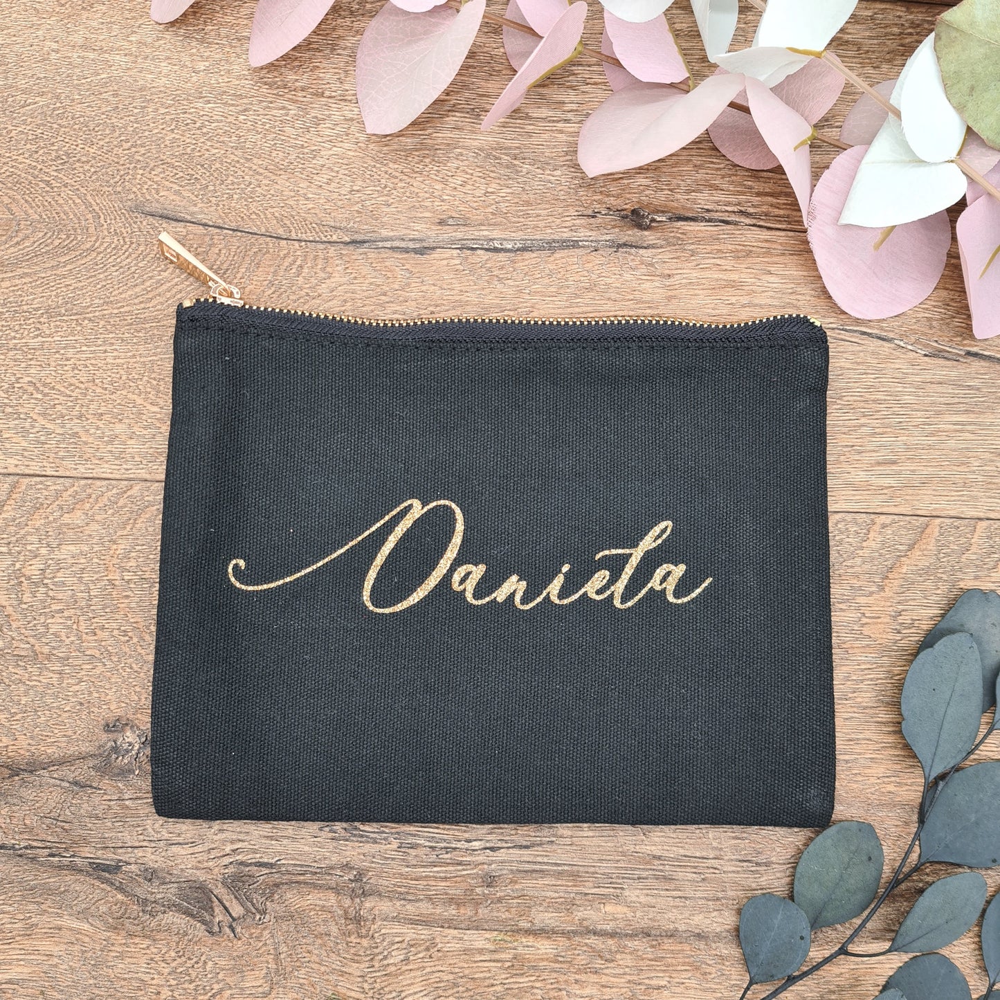 Pink Glitter Personalisation on White Eco-Friendly Cotton Cosmetic Make Up Bag