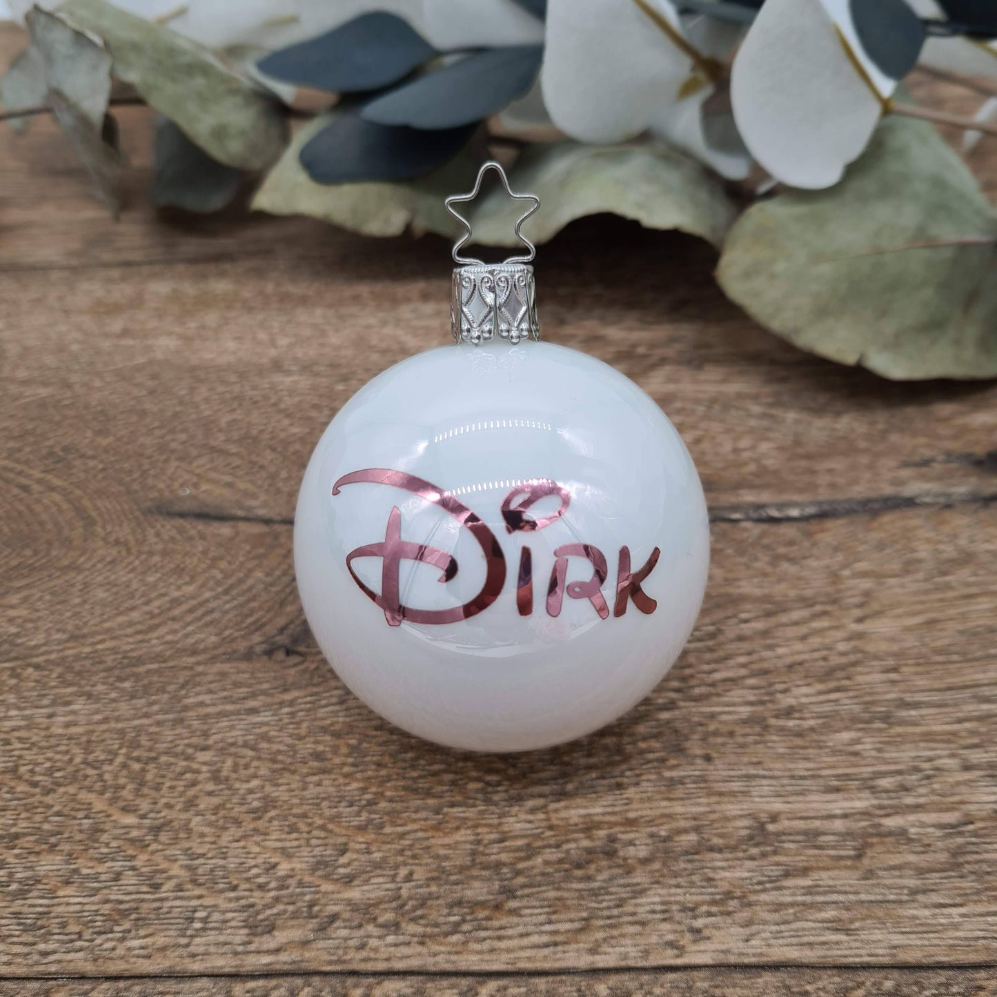 Rose Gold Text on White Glass Christmas Bauble