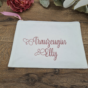 "Maid of Honor" pink glitter with name on white cotton bag