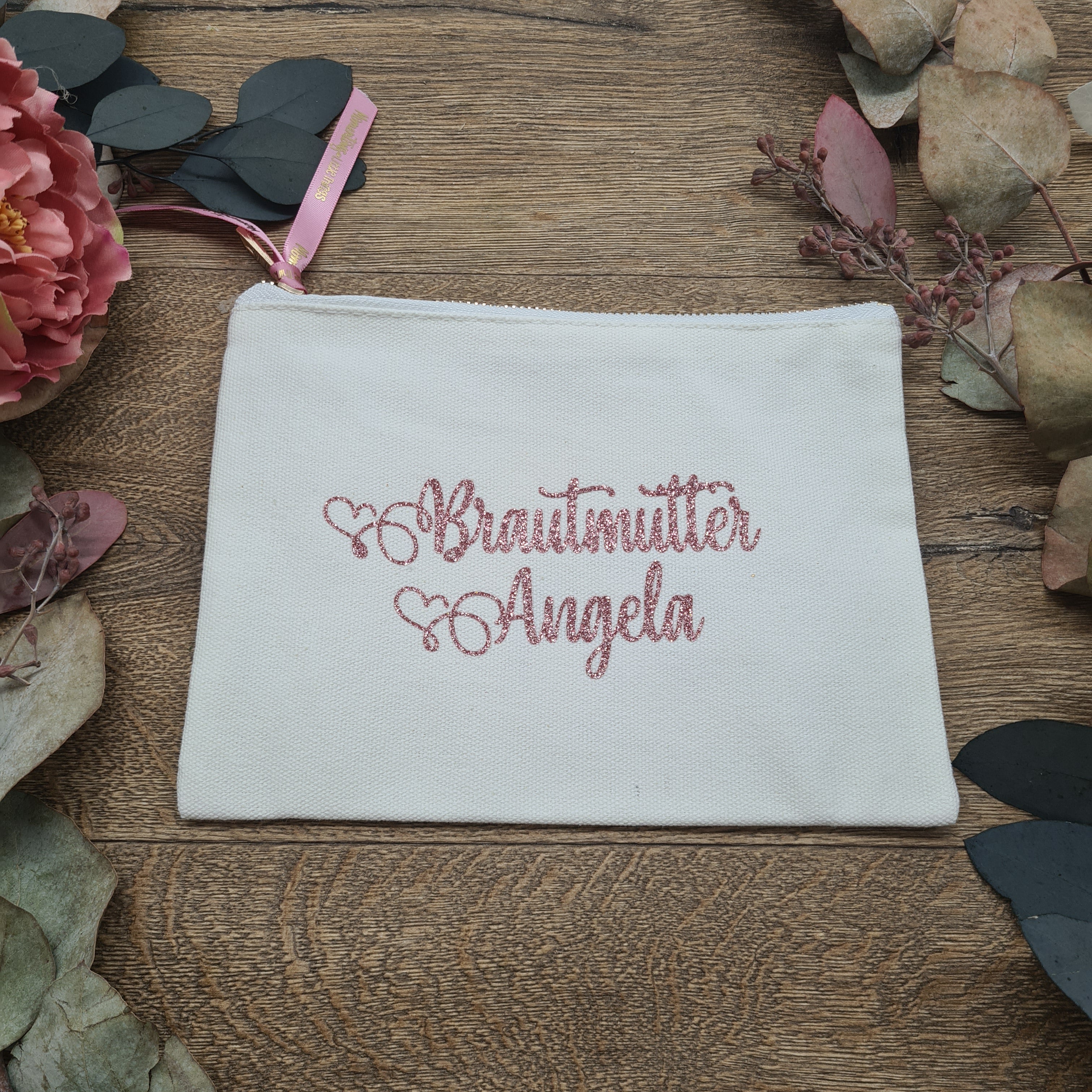 "Mother of the Bride" Pink glitter with name on white cotton bag