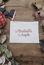 Load image into Gallery viewer, &quot;Mother of the Bride&quot; Pink glitter with name on white cotton bag
