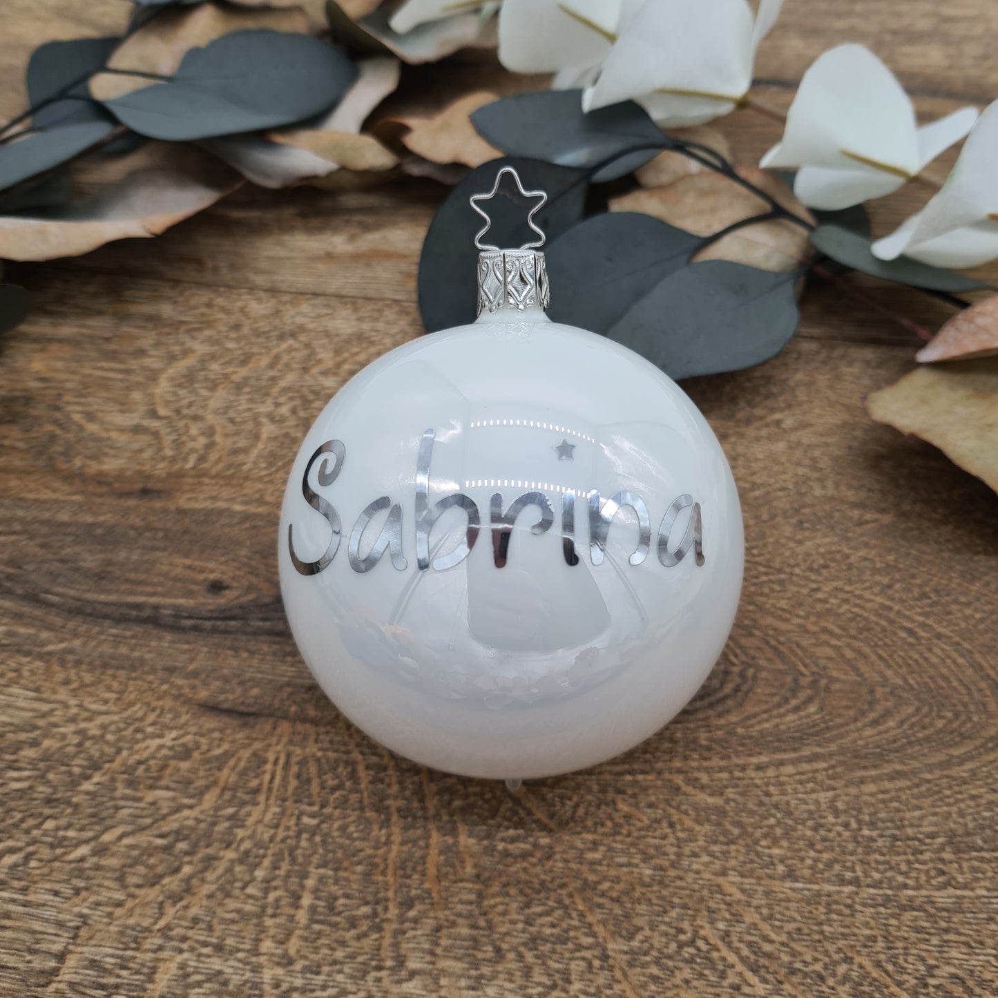 Metallic Silver Name on Real Mouth-Blown Glass *Christmas*