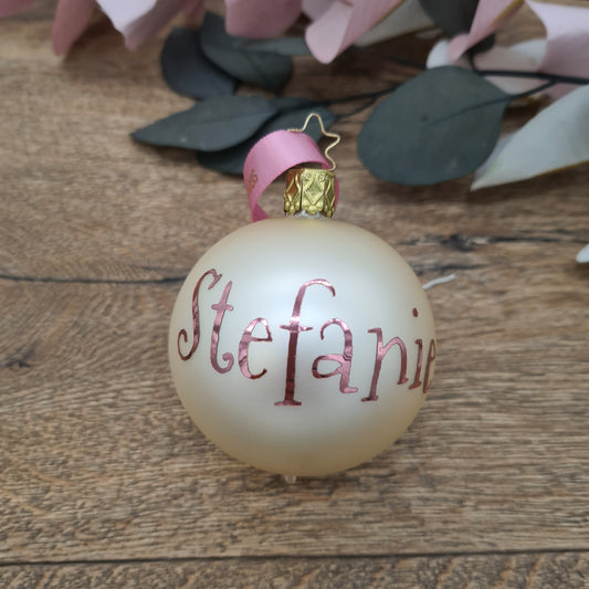 Echte mundgeblasene Glaskugel in Champagner mit Wunschname in Rosegold, 6cm Weihnachtsschmuck. Familie Schriftart