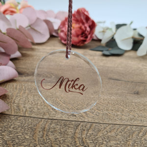 Clear glass name tag in rose gold