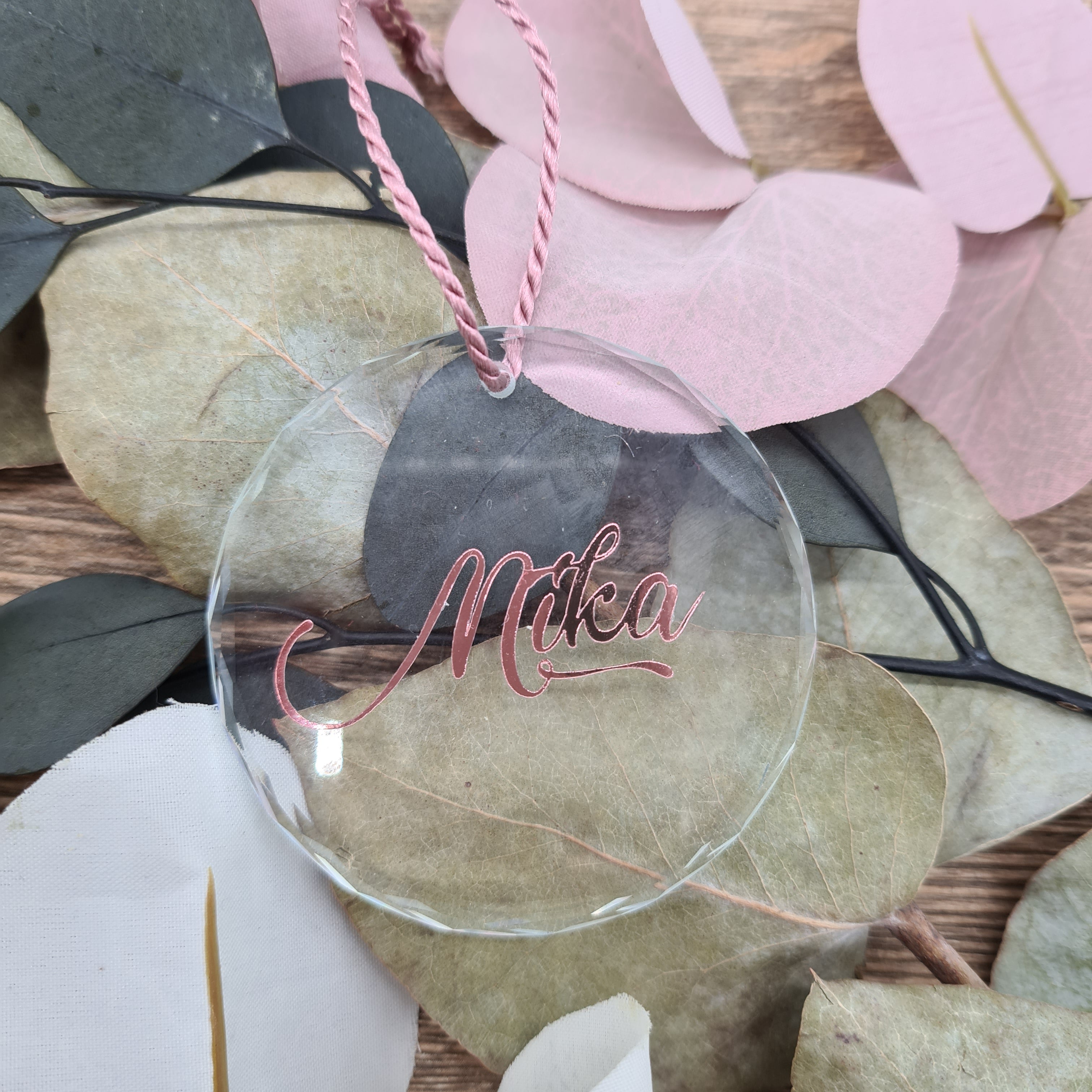 Clear glass name tag in rose gold