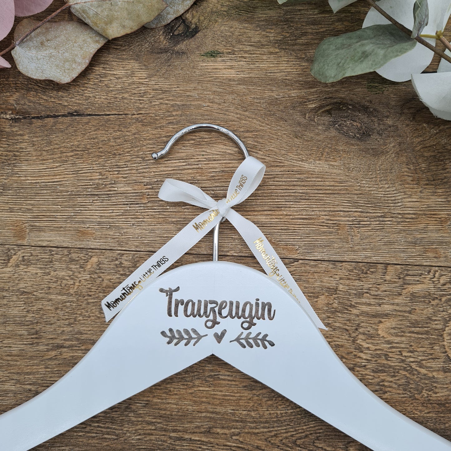 Wood-Engraved "Trauzeugin" Hanger with Botanical Greenery Leaf Detail