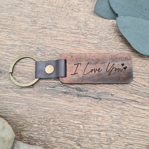Wood and Leather Keyring with "I Love You" Engraving