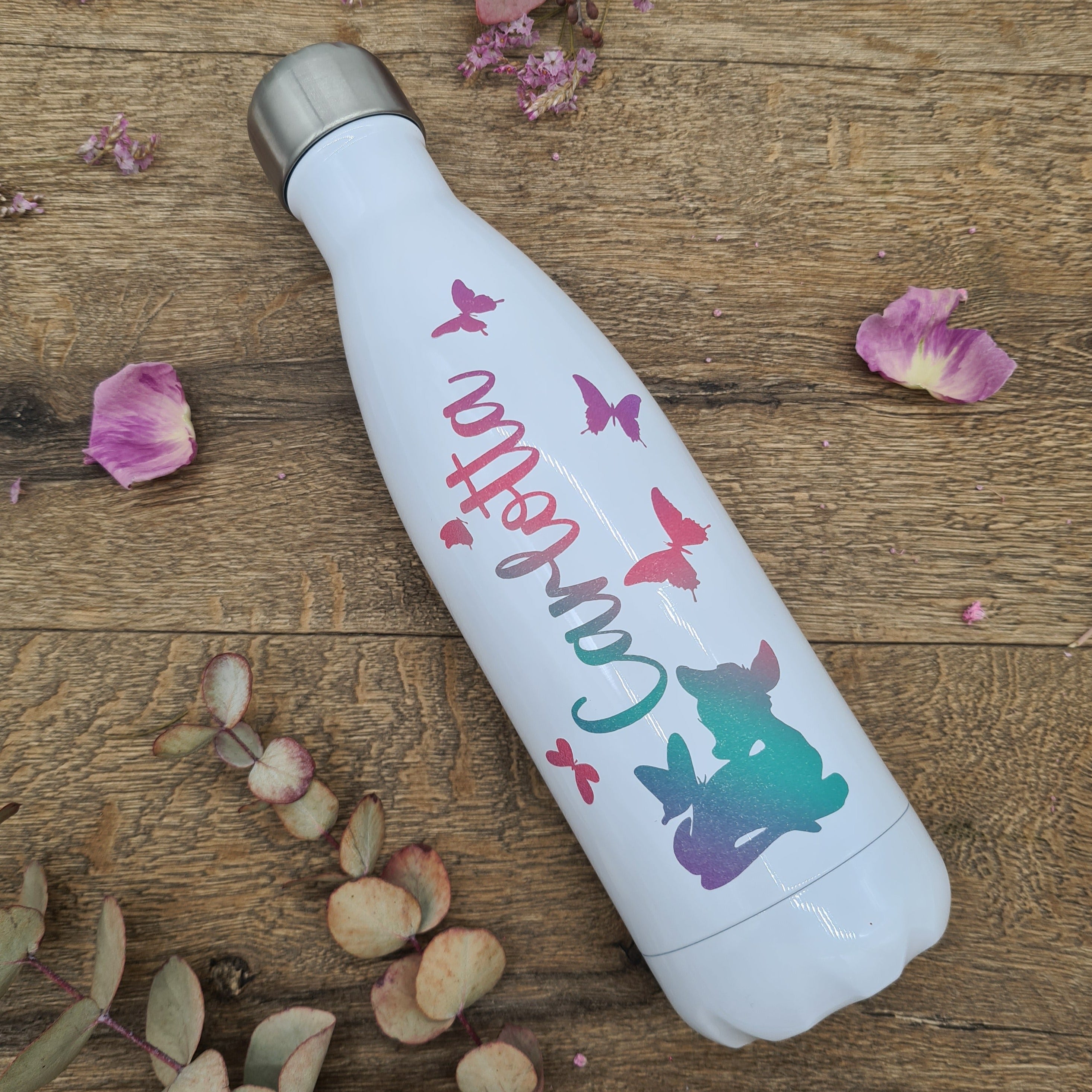 Personalisierte Schmetterlings- und Hirsch-Vakuumflaschen in Weiß mit pastellfarbenen Regenbogenfarben, Kinder, 500ml, heiß und kalt