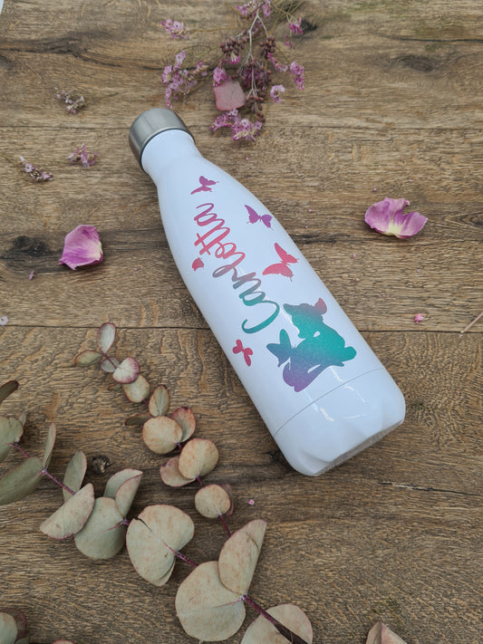 Personalisierte Schmetterlings- und Hirsch-Vakuumflaschen in Weiß mit pastellfarbenen Regenbogenfarben, Kinder, 500ml, heiß und kalt