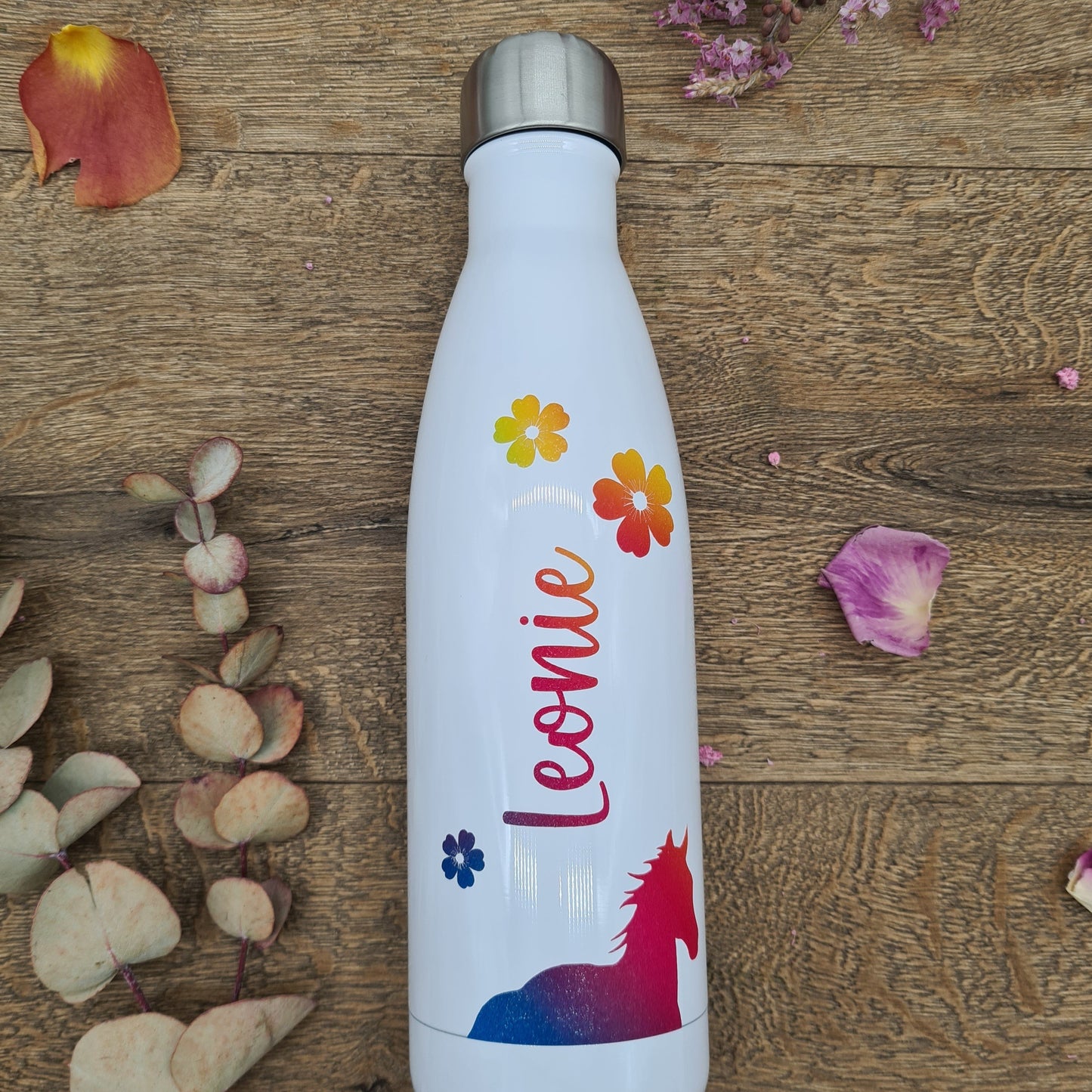 Personalisierte Pferde- und Blumen-Vakuumflaschen in Weiß mit Regenbogenfarben, Kinder, 500ml, heiß und kalt