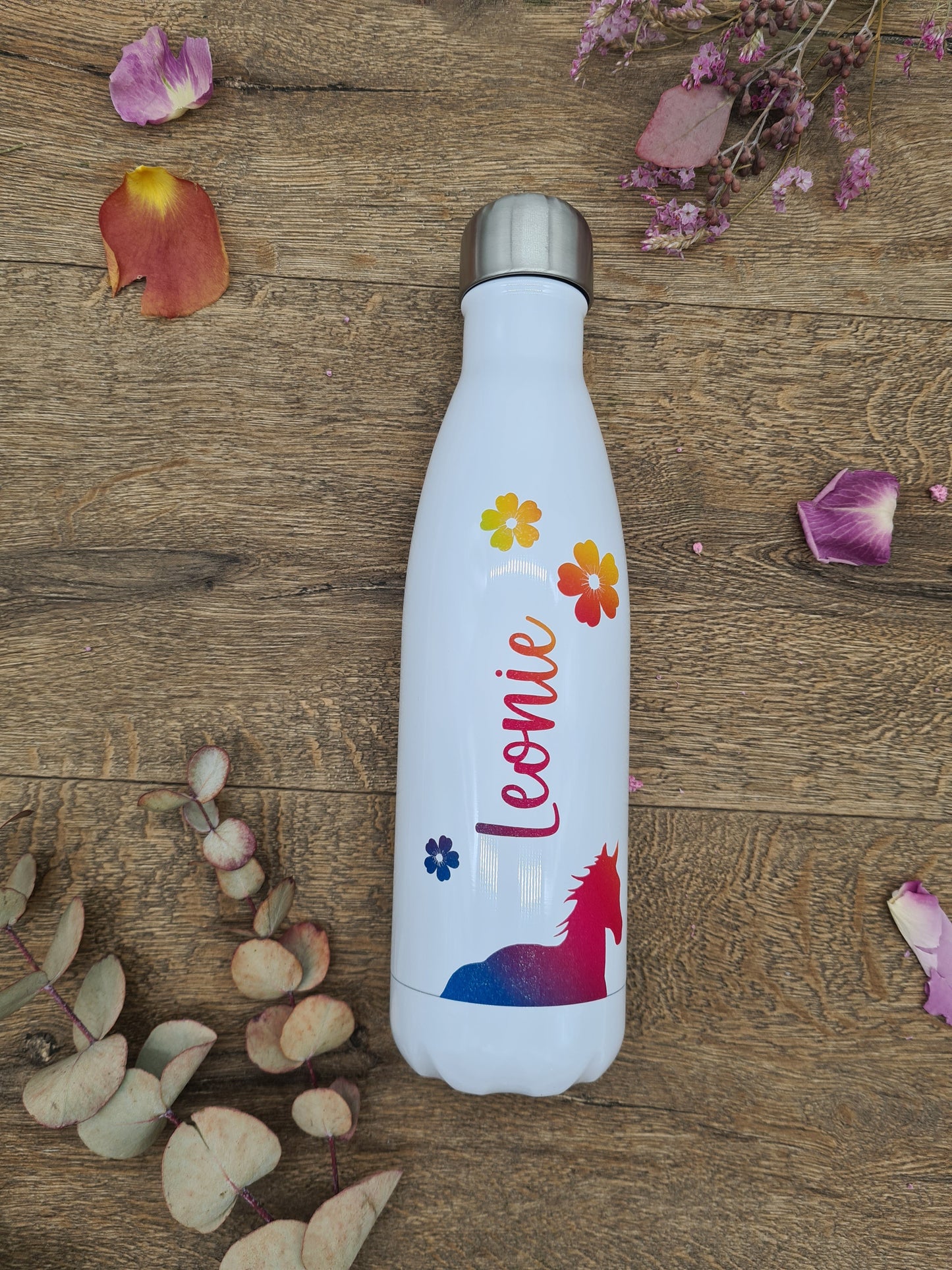Personalisierte Pferde- und Blumen-Vakuumflaschen in Weiß mit Regenbogenfarben, Kinder, 500ml, heiß und kalt