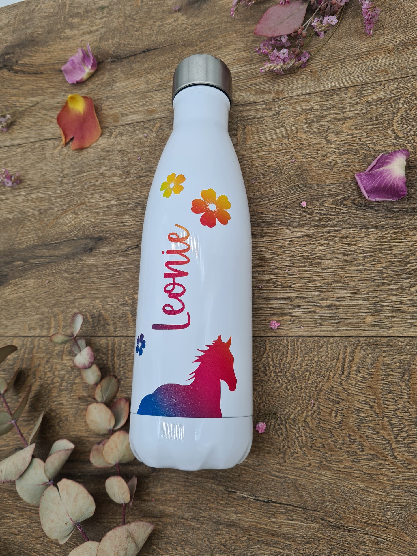 Personalisierte Pferde- und Blumen-Vakuumflaschen in Weiß mit Regenbogenfarben, Kinder, 500ml, heiß und kalt