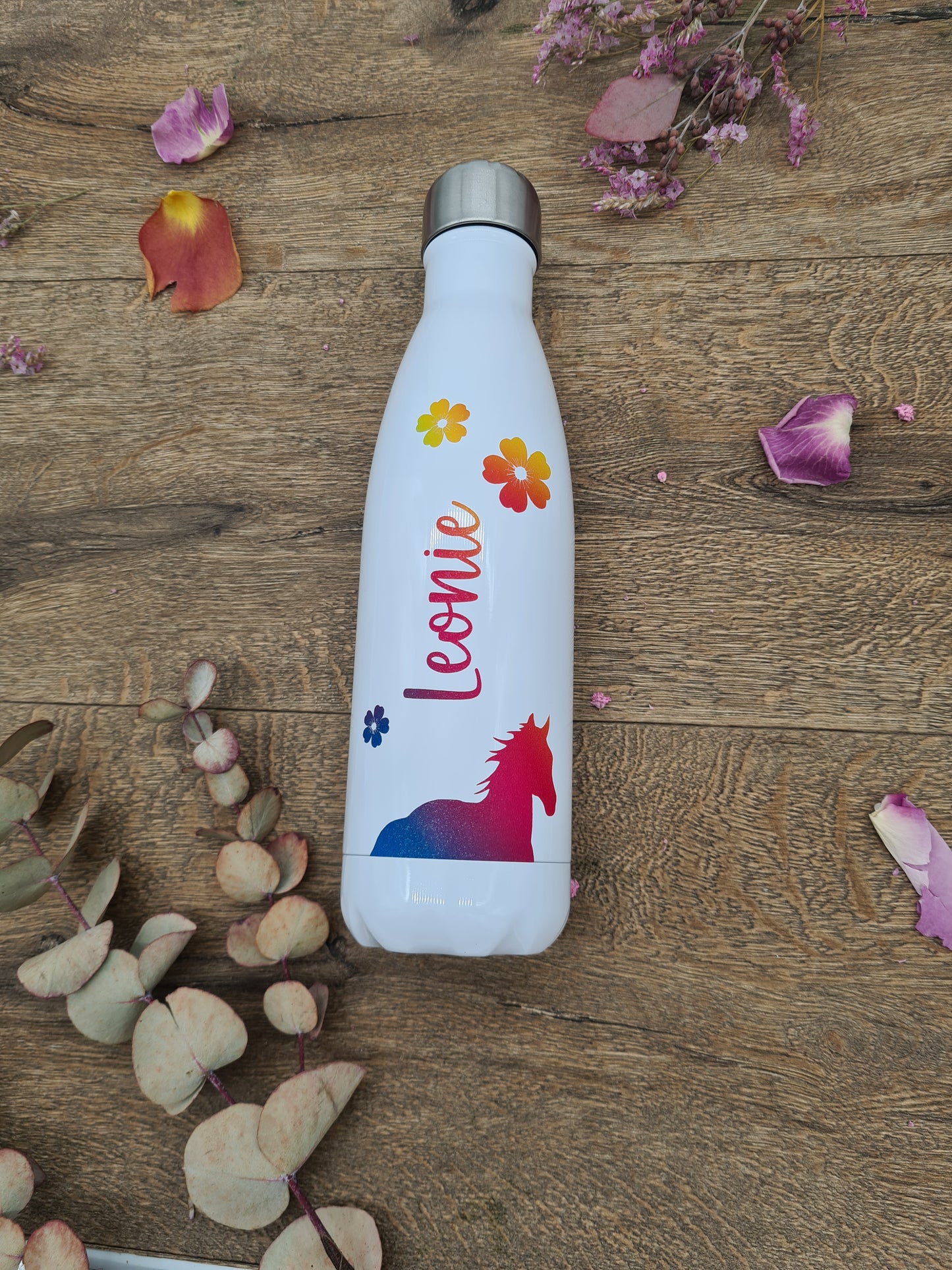 Personalisierte Pferde- und Blumen-Vakuumflaschen in Weiß mit Regenbogenfarben, Kinder, 500ml, heiß und kalt
