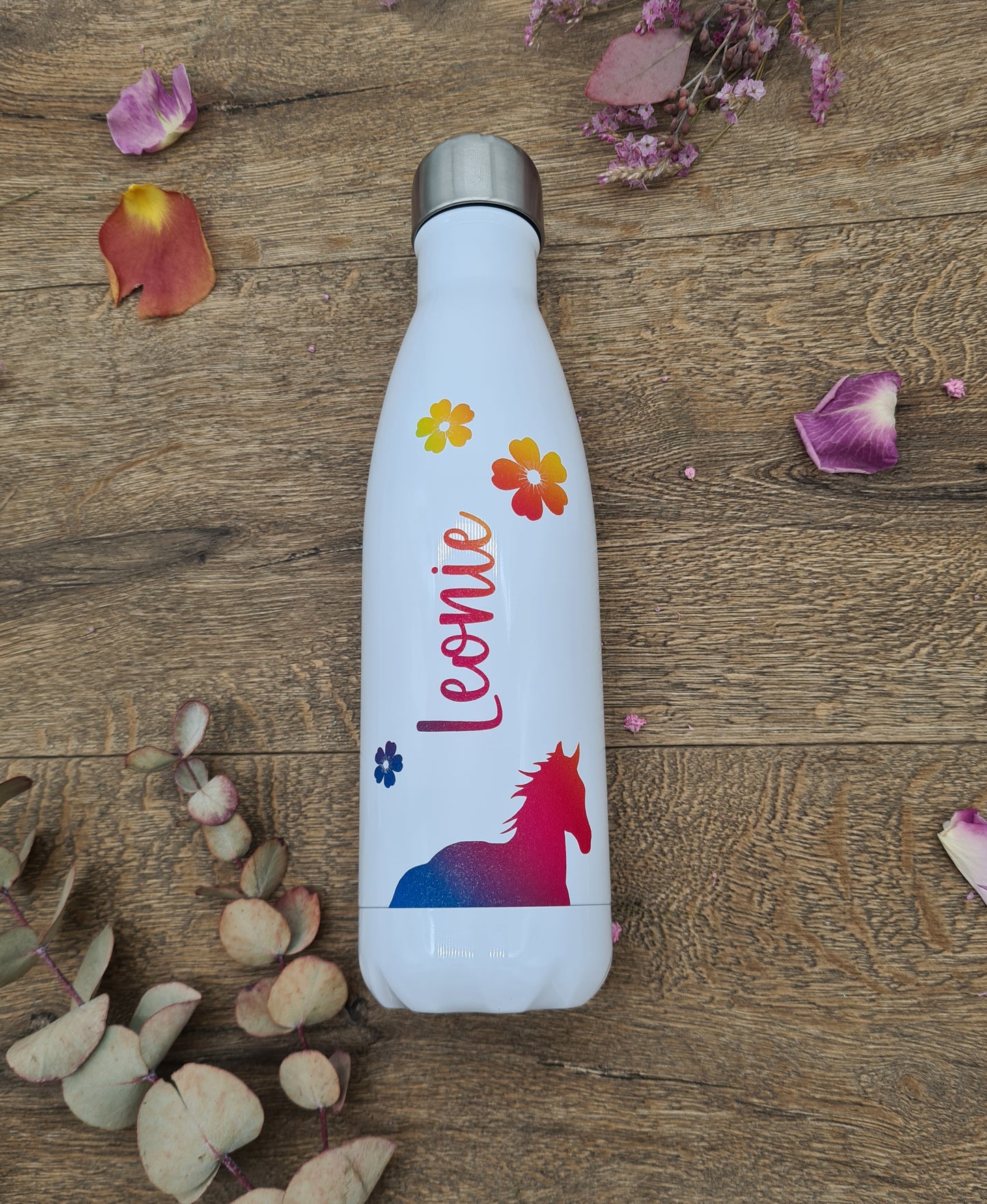 Personalisierte Pferde- und Blumen-Vakuumflaschen in Weiß mit Regenbogenfarben, Kinder, 500ml, heiß und kalt