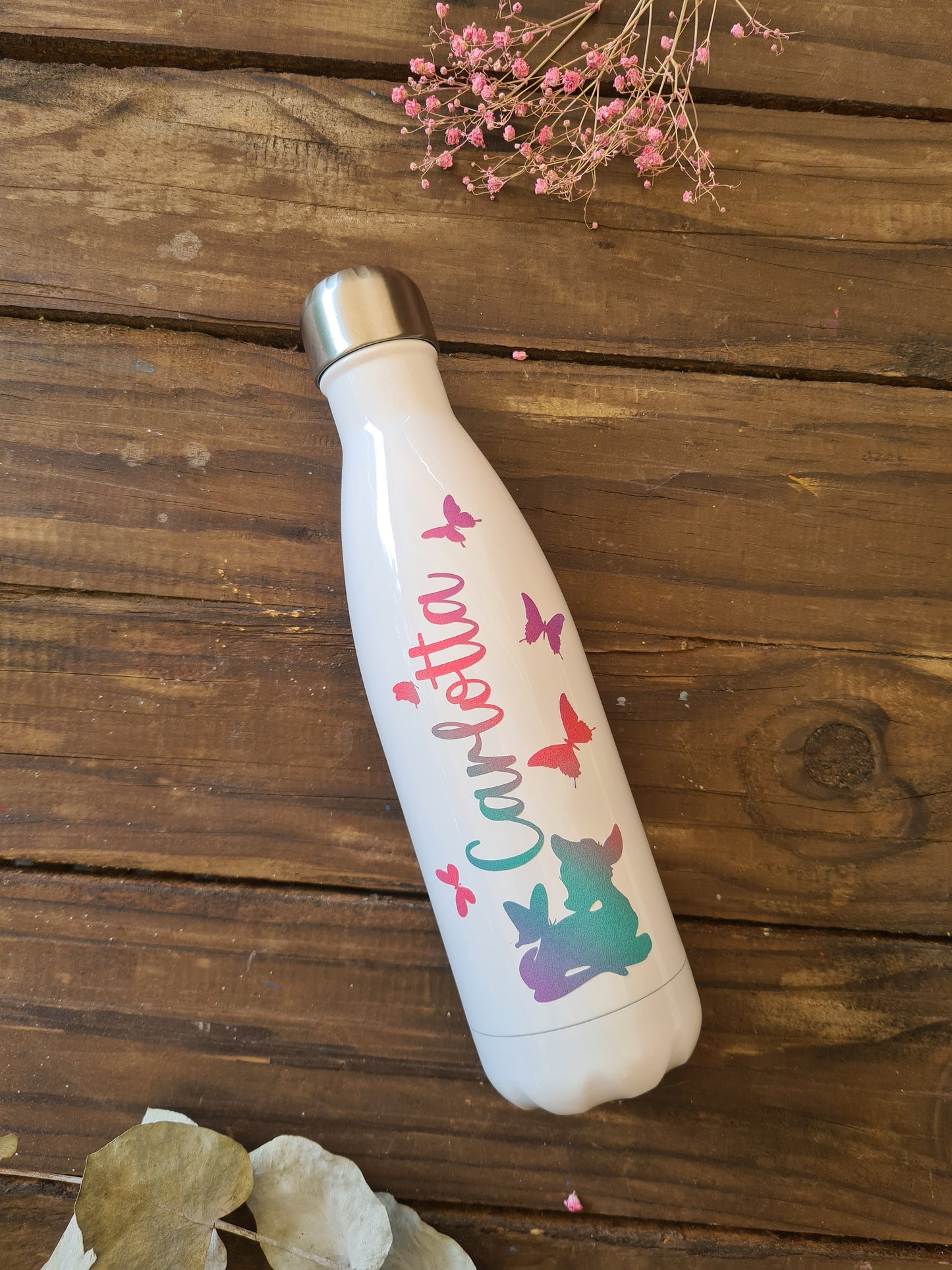 Personalisierte Schmetterlings- und Hirsch-Vakuumflaschen in Weiß mit pastellfarbenen Regenbogenfarben, Kinder, 500ml, heiß und kalt