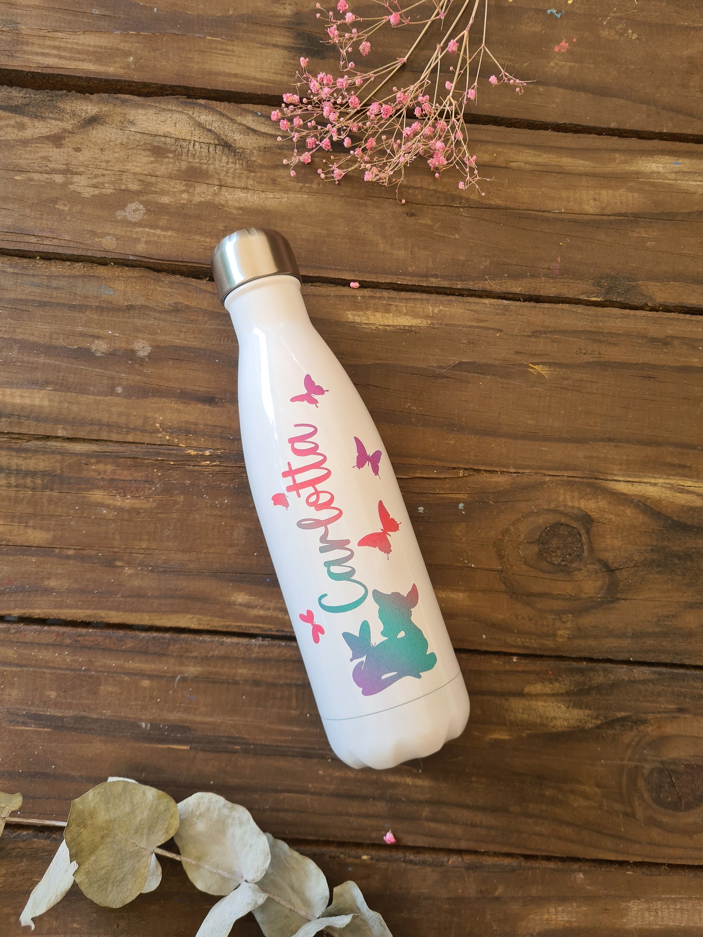 Personalisierte Schmetterlings- und Hirsch-Vakuumflaschen in Weiß mit pastellfarbenen Regenbogenfarben, Kinder, 500ml, heiß und kalt