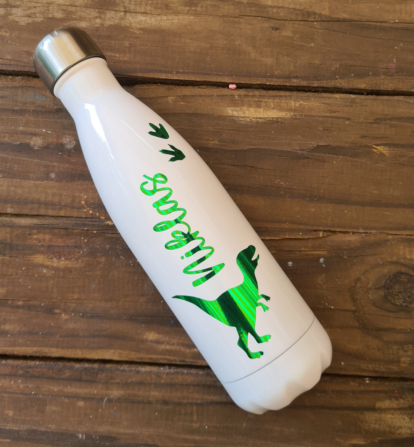 Personalisierte Dinosaurier Metallic Grün Vakuum Weiß Flaschen für Jungen, Kinder, 500ml, heiß und kalt