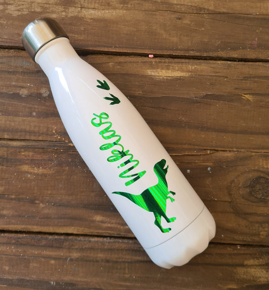 Personalisierte Dinosaurier Metallic Grün Vakuum Weiß Flaschen für Jungen, Kinder, 500ml, heiß und kalt