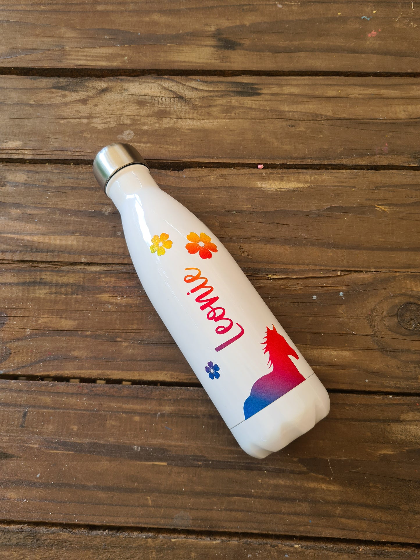 Personalisierte Pferde- und Blumen-Vakuumflaschen in Weiß mit Regenbogenfarben, Kinder, 500ml, heiß und kalt