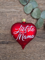 Bild in den Galerie-Viewer laden,Red heart-shaped glass Christmas bauble with white text
