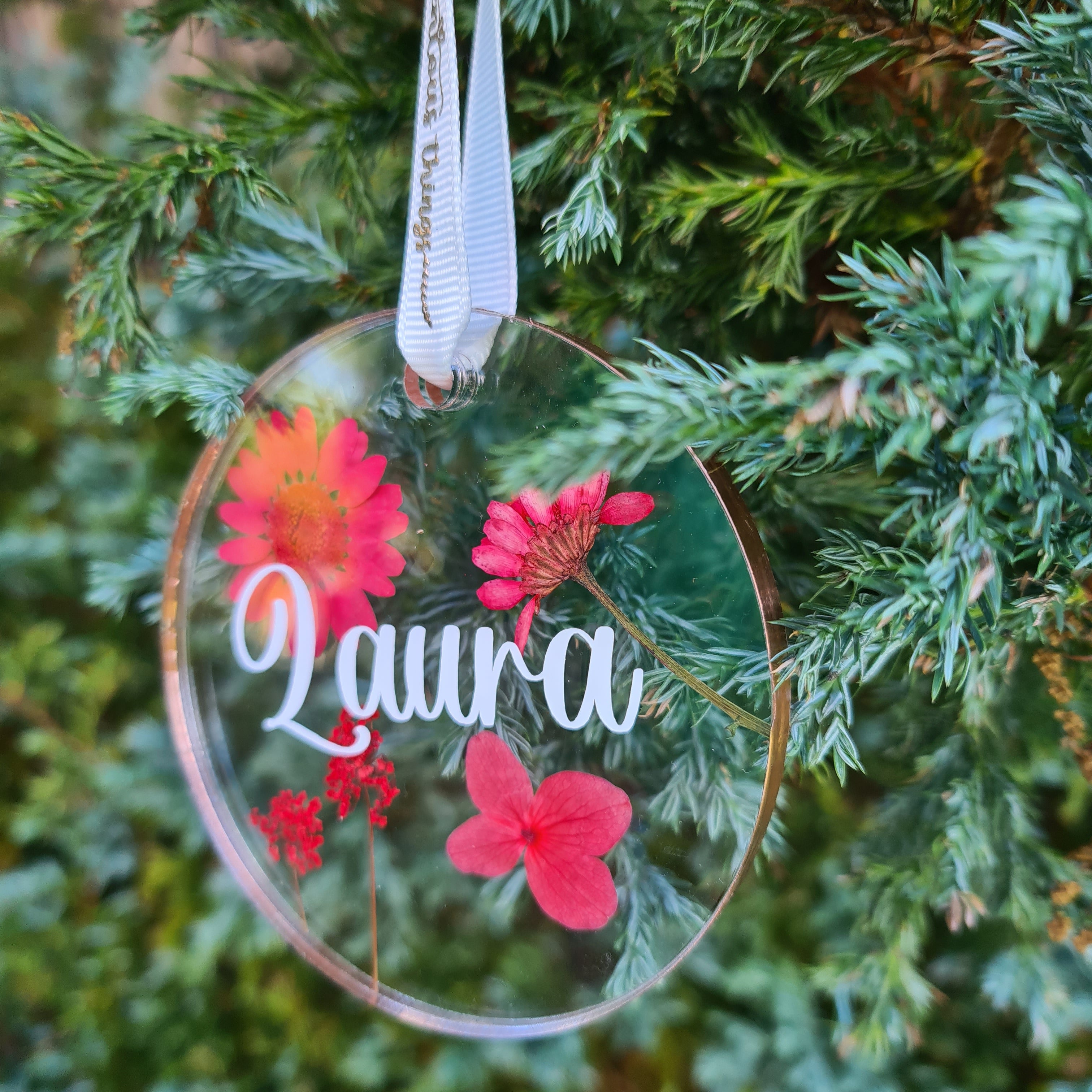 Echte gepresste Blumen Acryl Plexiglas Ornament Personalisiert für Weihnachten