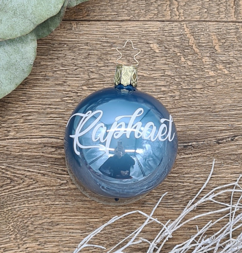 Blau Weihnachtskugel mit Namen, aus echtem mundgeblasenem Glas gefertigt 6cm