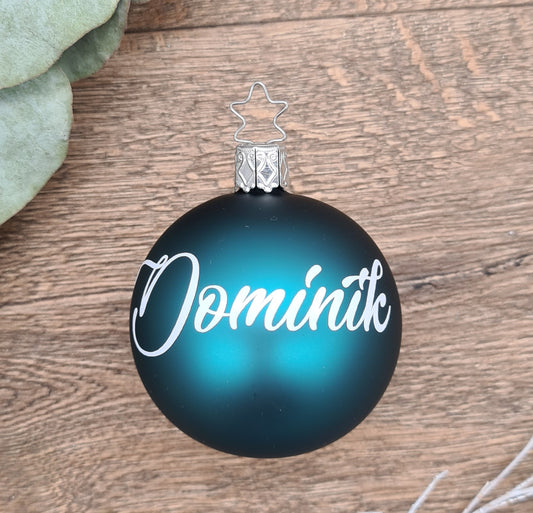 Smaragdgrüne Weihnachtskugel mit Namen, hergestellt aus echtem mundgeblasenem Glas 6cm