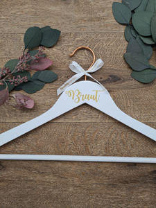 Wedding dress Hanger for Bride with Copper Hook and Gold Text with "Braut"