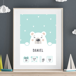 Baby birth poster with name, weight, date, time and length