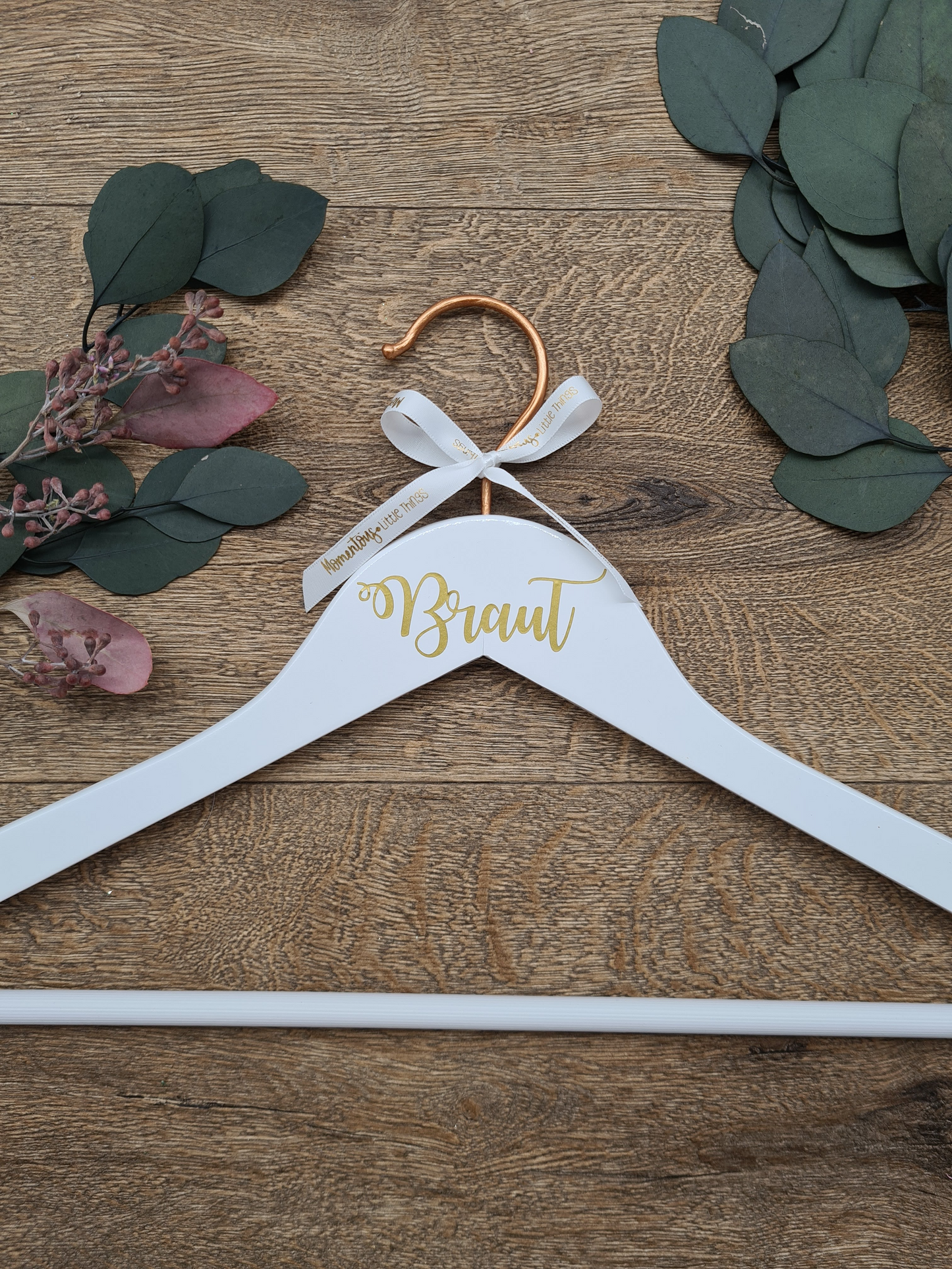 Wedding dress Hanger for Bride with Copper Hook and Gold Text with "Braut"