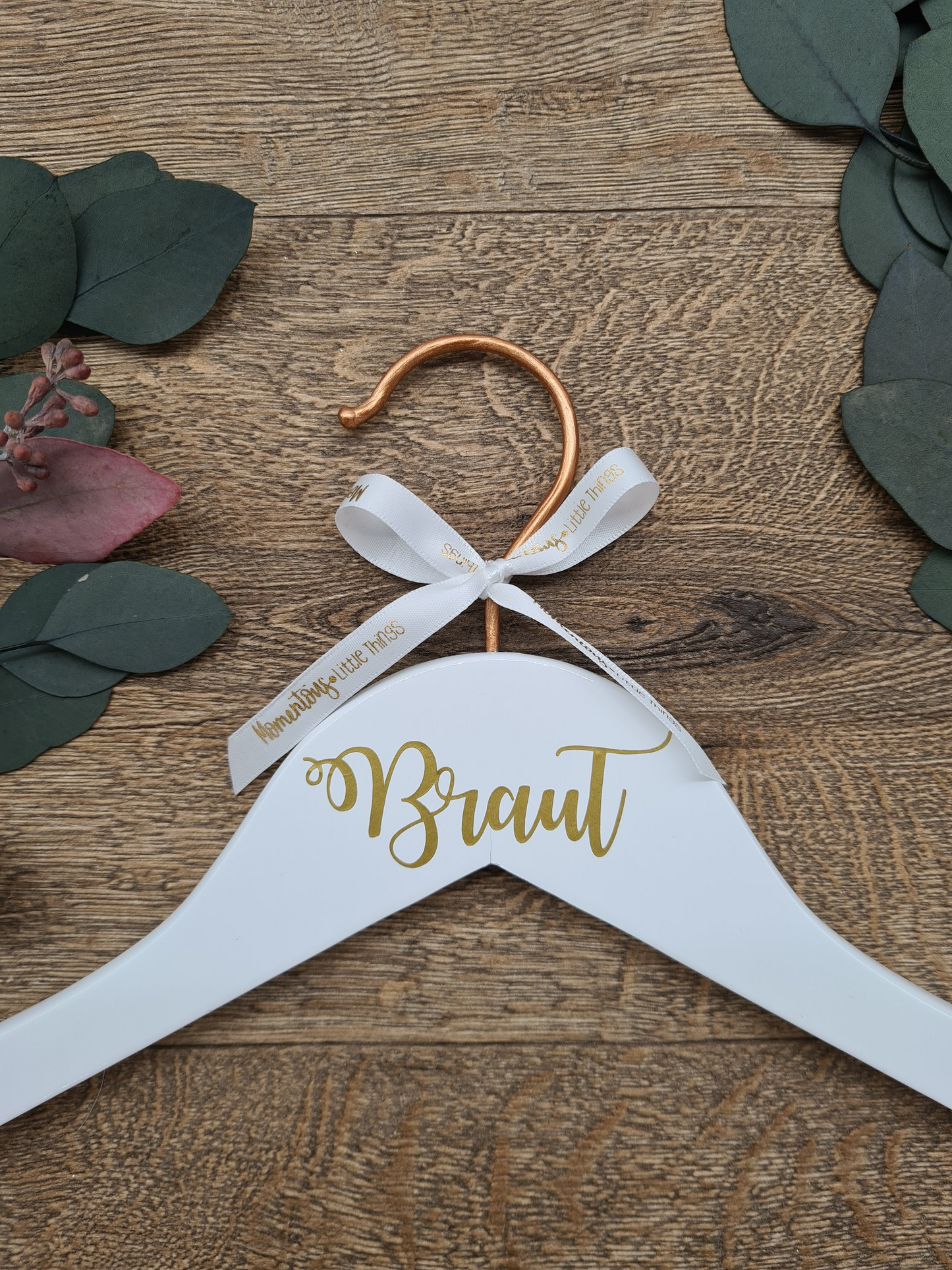 Wedding dress Hanger for Bride with Copper Hook and Gold Text with "Braut"
