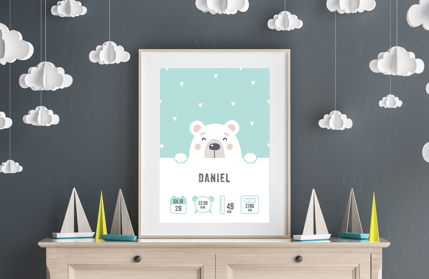 Poster zur Geburt eines Babys mit Name, Gewicht, Datum, Uhrzeit und Länge