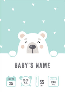 Poster zur Geburt eines Babys mit Name, Gewicht, Datum, Uhrzeit und Länge