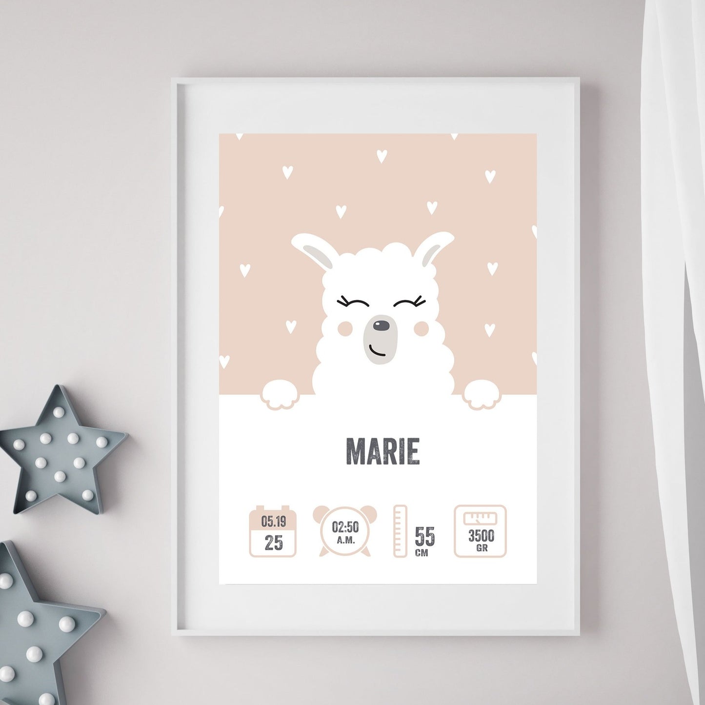 Poster zur Geburt eines Babys mit Name, Gewicht, Datum, Uhrzeit und Länge