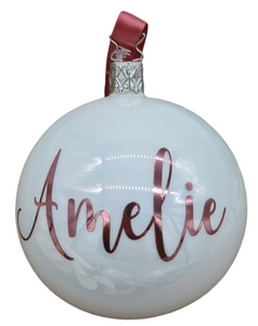 Rose Gold Text on White Glass Christmas Bauble