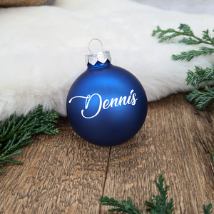 Blue Glass Christmas Bauble with Name in White | Christmas Tree Ball Personalized | Tree decoration | Baby's 1st Christmas | Memorial