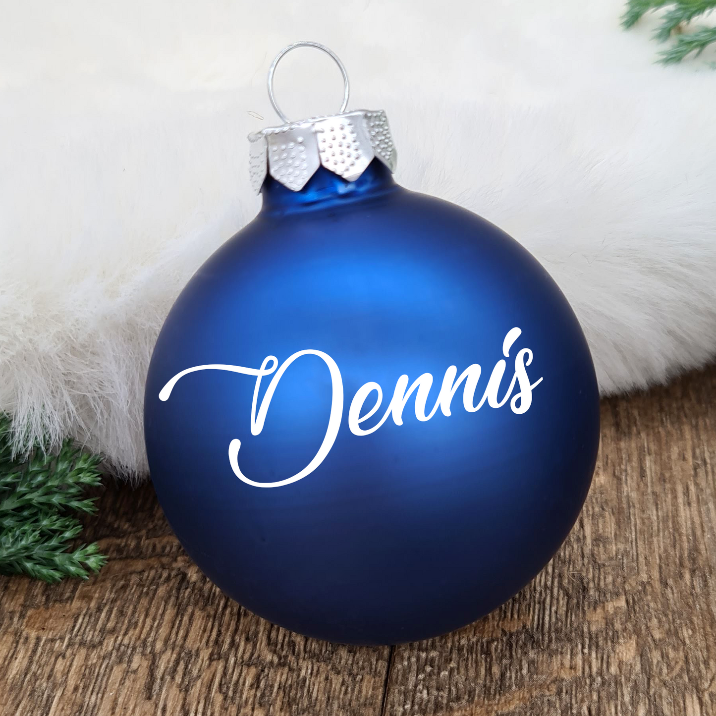 Blue Glass Christmas Bauble with Name in White | Christmas Tree Ball Personalized | Tree decoration | Baby's 1st Christmas | Memorial
