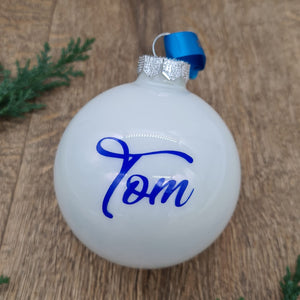 Blue Text on White Glass Christmas Bauble