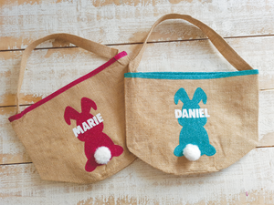 Kids Easter Eggs Jute Gift Bag with Personalized Name Text With Pink Glitter Bunny &amp; Fluffy Tail Large with Shiny Rim Hessian Burlap Basket