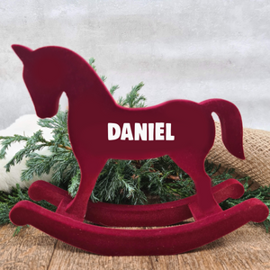 Personalized Christmas Rocking Horse in Red Velvet, Made from Wood, 15cm, with Name in White, Baby's 1st Christmas