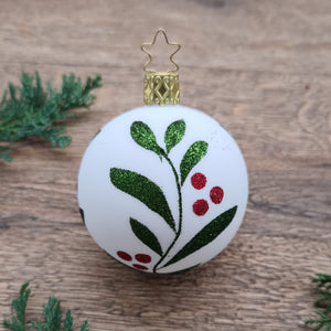 Mouth-Blown white bauble with hand-painted wildflowers with glitter paint