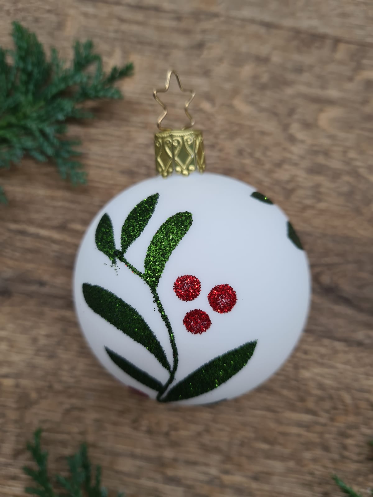 Mouth-Blown white bauble with hand-painted wildflowers with glitter paint