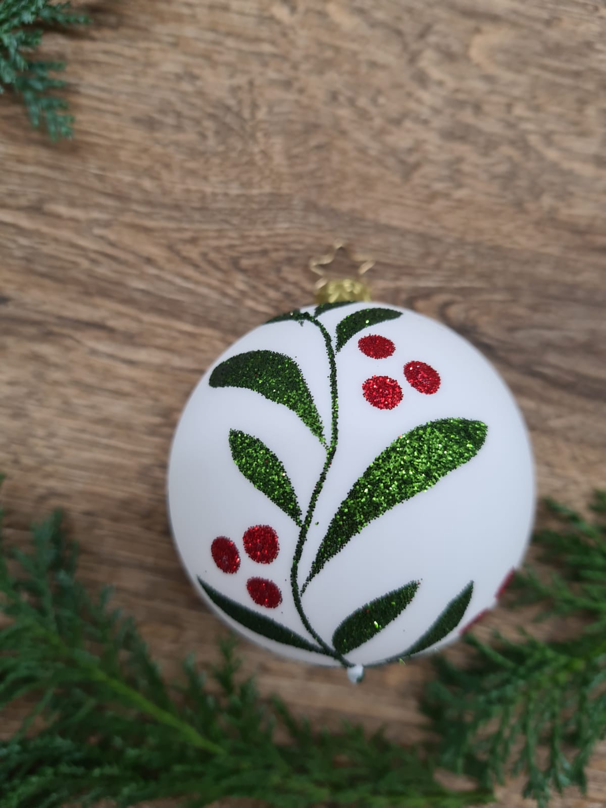 Mouth-Blown white bauble with hand-painted wildflowers with glitter paint