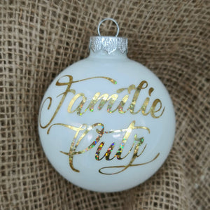 Glittering Gold Text on White Glass Christmas Bauble