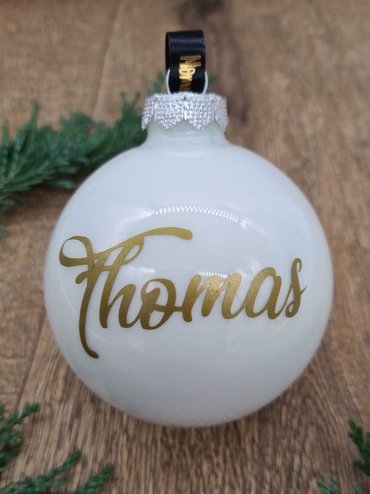 Golden Text on White Glass Christmas Bauble