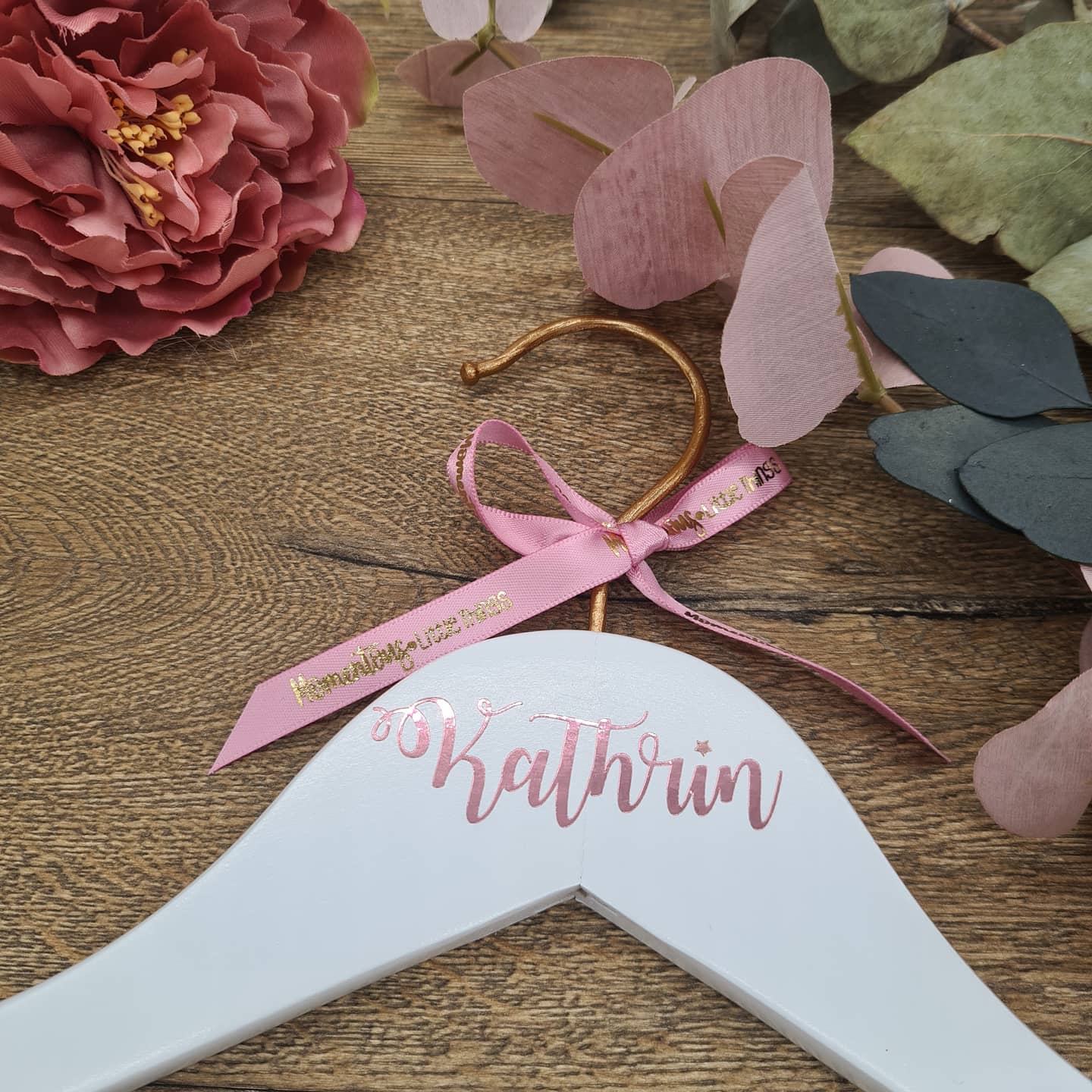 Copper &amp; White Wedding Hanger with ROSE GOLD Name
