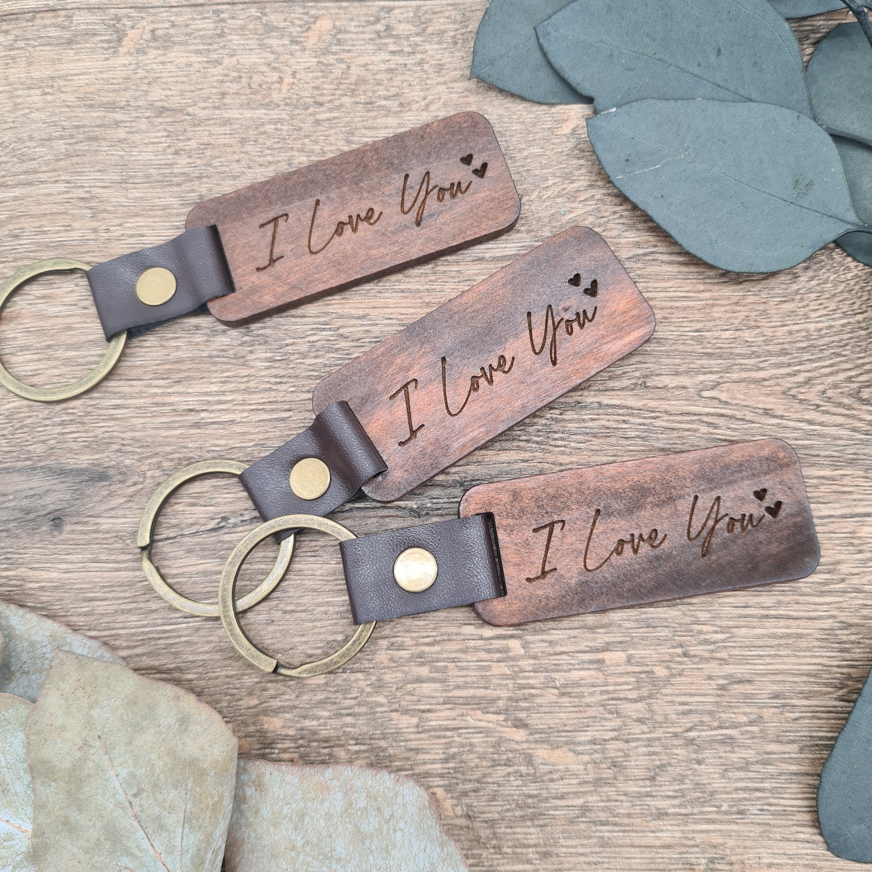 Wood and Leather Keyring with "I Love You" Engraving