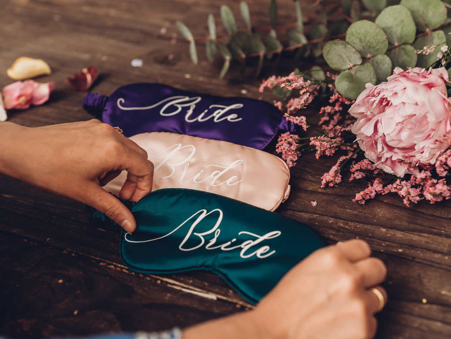 Pink satin eye mask for the bride