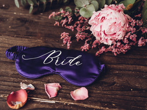 Purple satin eye mask for the bride